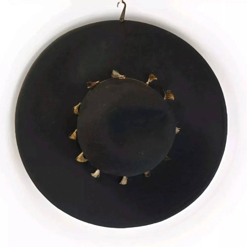 Vince Camuto Floppy Wool Hat Black Tasseled Chain Country Boho Coastal One Size